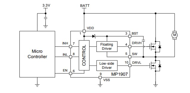 Application Circuit Diagram - Monolithic Power Systems (MPS) MP1907 High Frequency Half-Bridge Gate Drivers